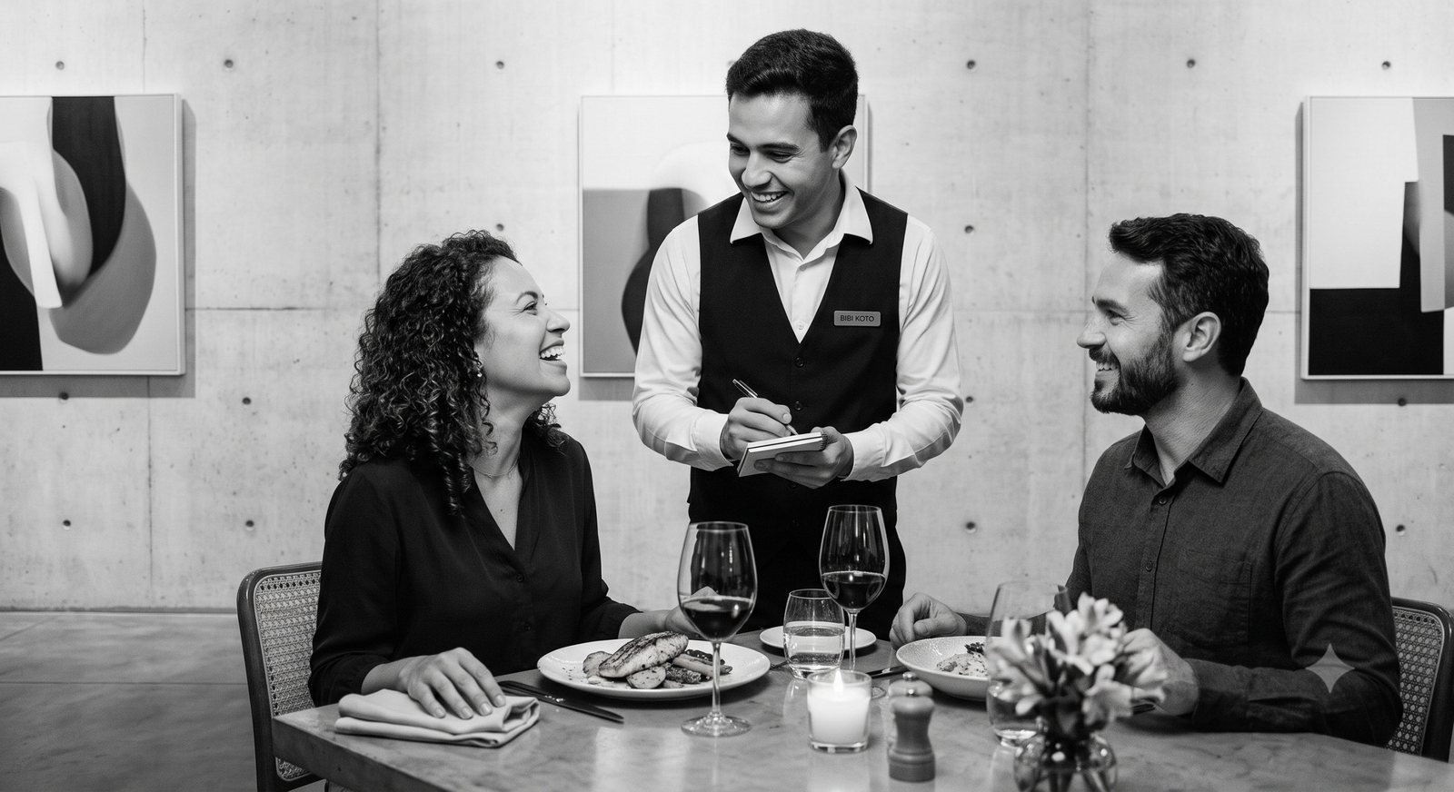 Waiter serving a couple at a restaurant